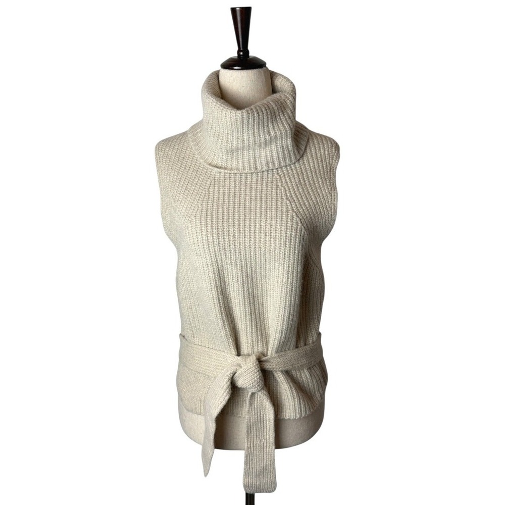 Vince Sweater Women Medium Ivory‎ Knit Wool Cashmere Pointelle Turtleneck Tie - Picture 2 of 10